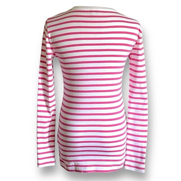J Crew Womens Striped Button Shoulder Tee XS Pink White Stripe Preppy Shirt Top - Picture 8 of 9